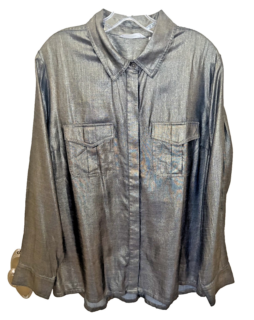 Soft Surroundings Top Sz XL Zaffina Metallic Gold Lyocell Accent Button down